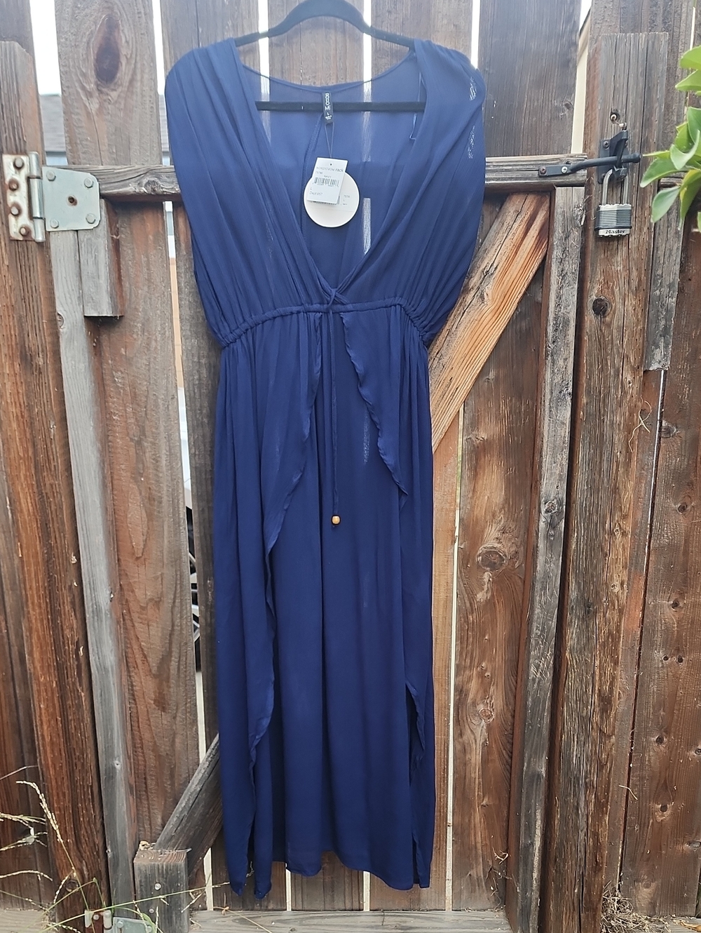 New Boho Me Navy Blue V-Neck Maxi Swimsuit Cover-Up with Drawstring Waist, NWT